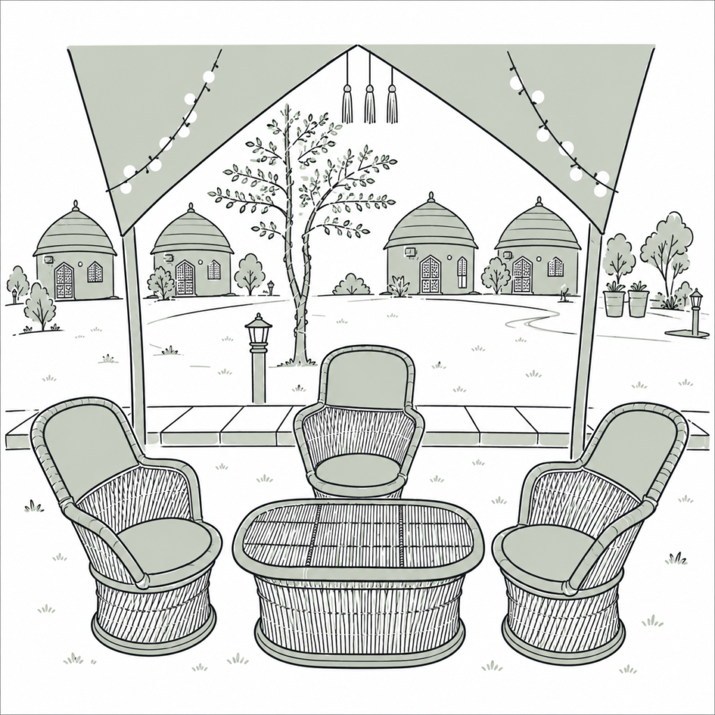 Illustrated icon of resort rooms and lounge seating - Urban Dhani Resort